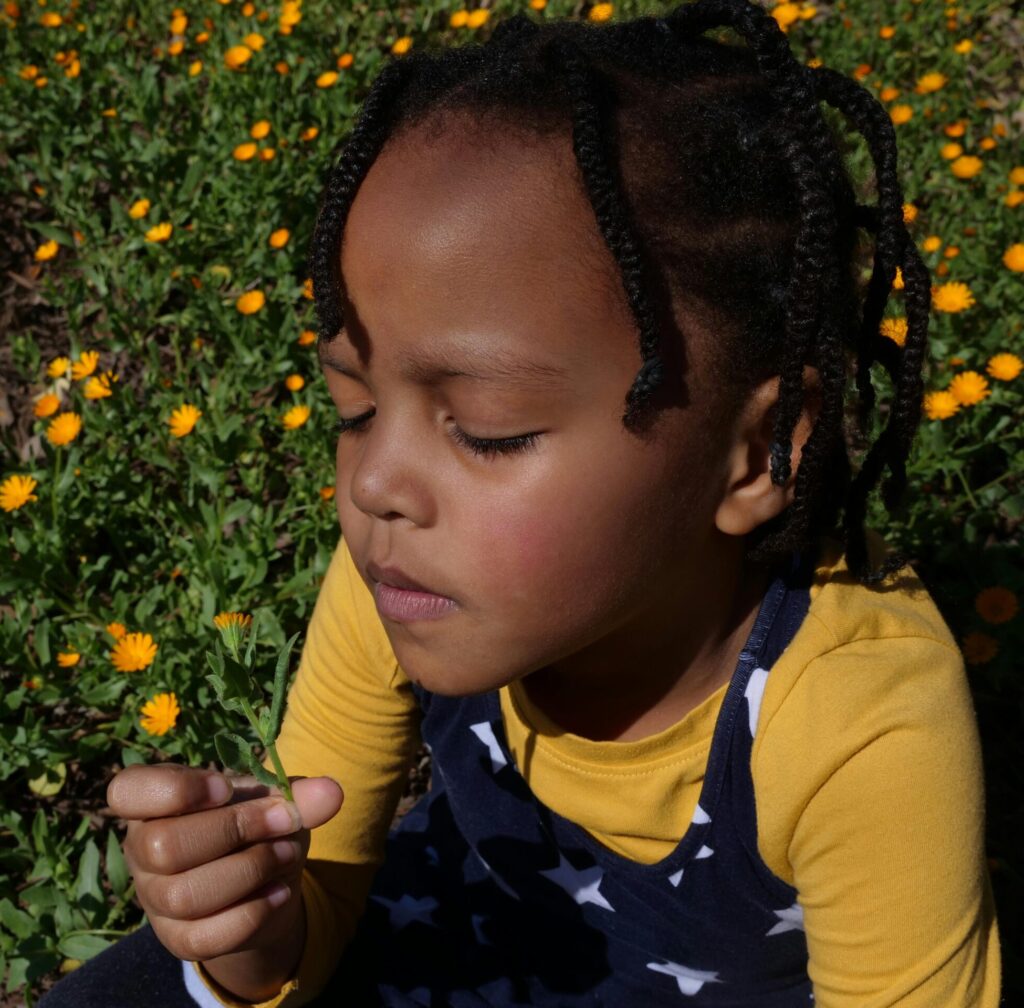 A child in a starry dress admires flowers in a sunny field.
